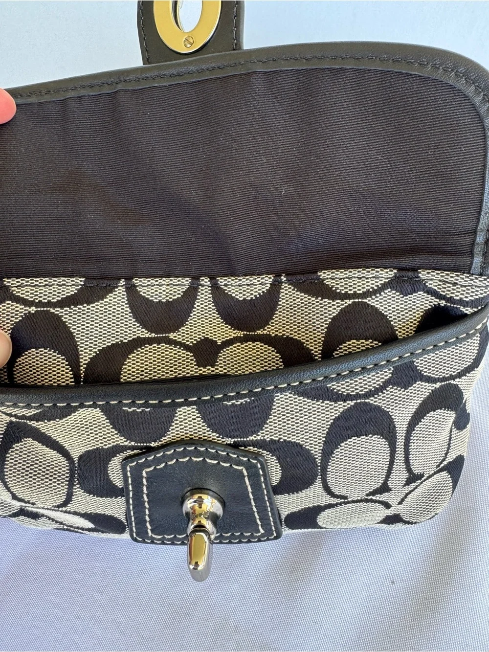 Coach Black & Cream Signature Canvas Turnlock Wristlet